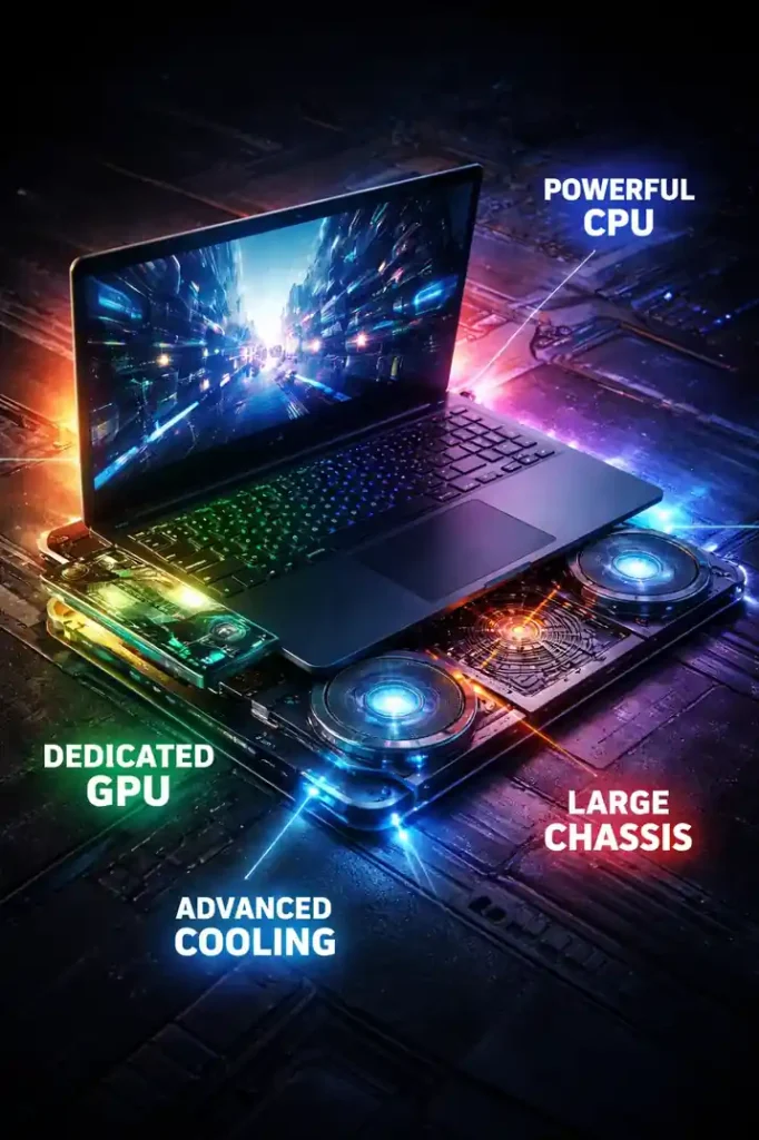 Gaming laptop showing dedicated GPU, advanced cooling, powerful CPU, and performance-focused chassis design