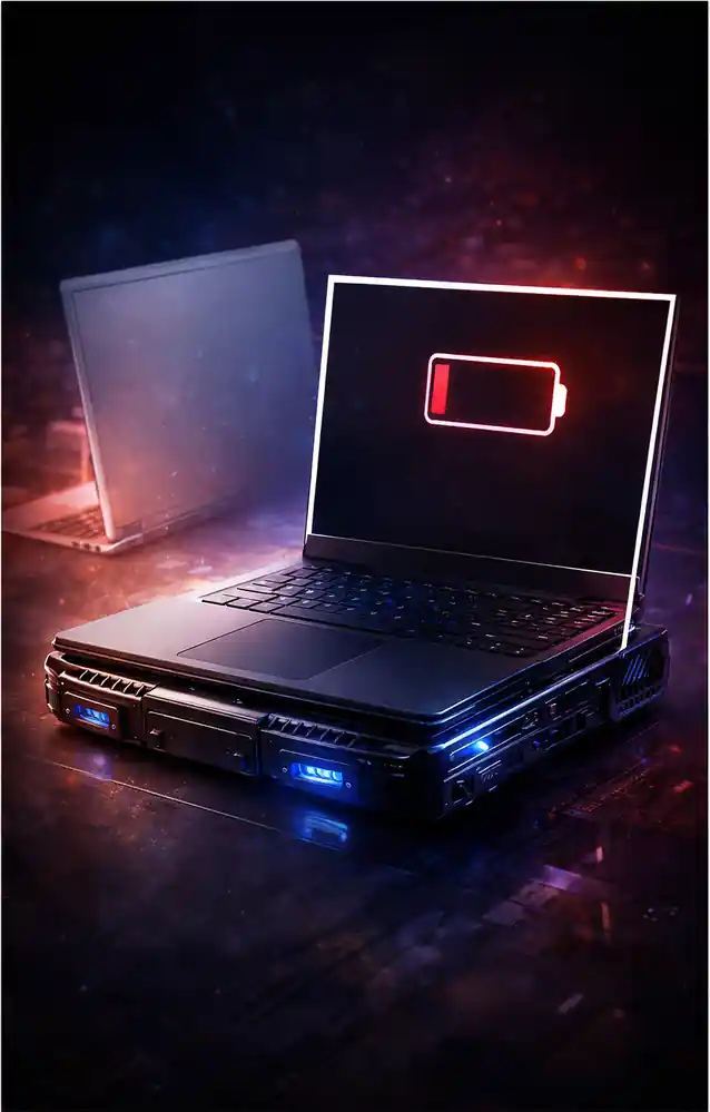 Gaming laptop with low battery warning highlighting power over portability and limited battery life