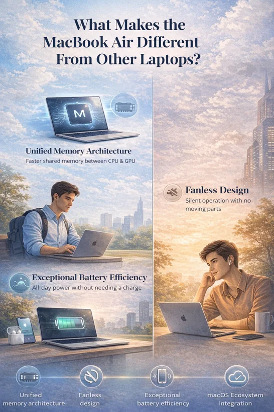 MacBook Air unified memory fanless design battery efficiency and macOS ecosystem comparison