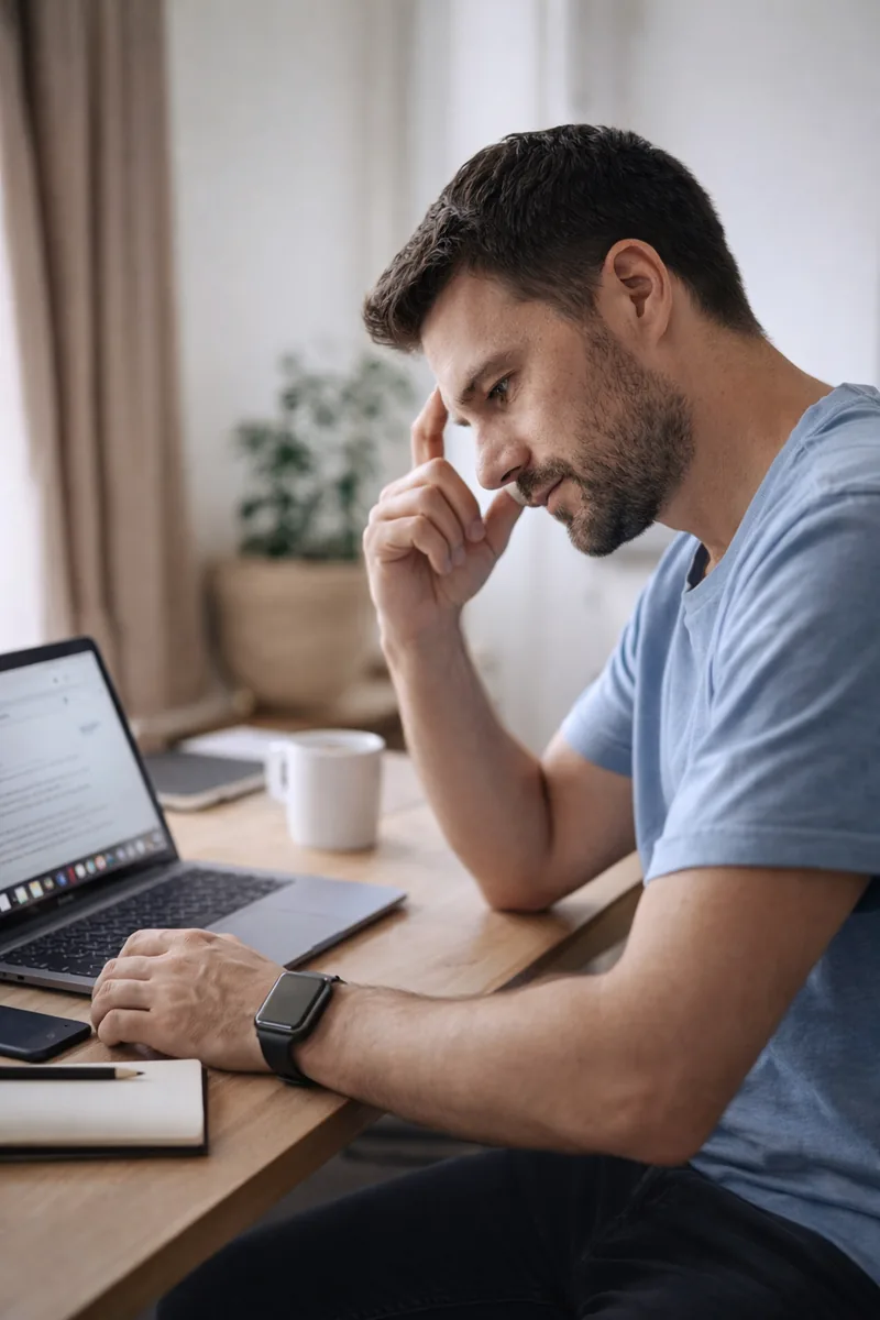 Person thoughtfully working on a MacBook at a desk, illustrating how choosing the right MacBook depends on daily workflow