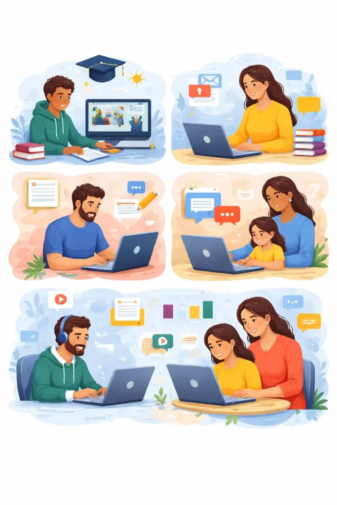 Illustration showing students, writers, families, and casual home users using a budget laptop for everyday tasks
