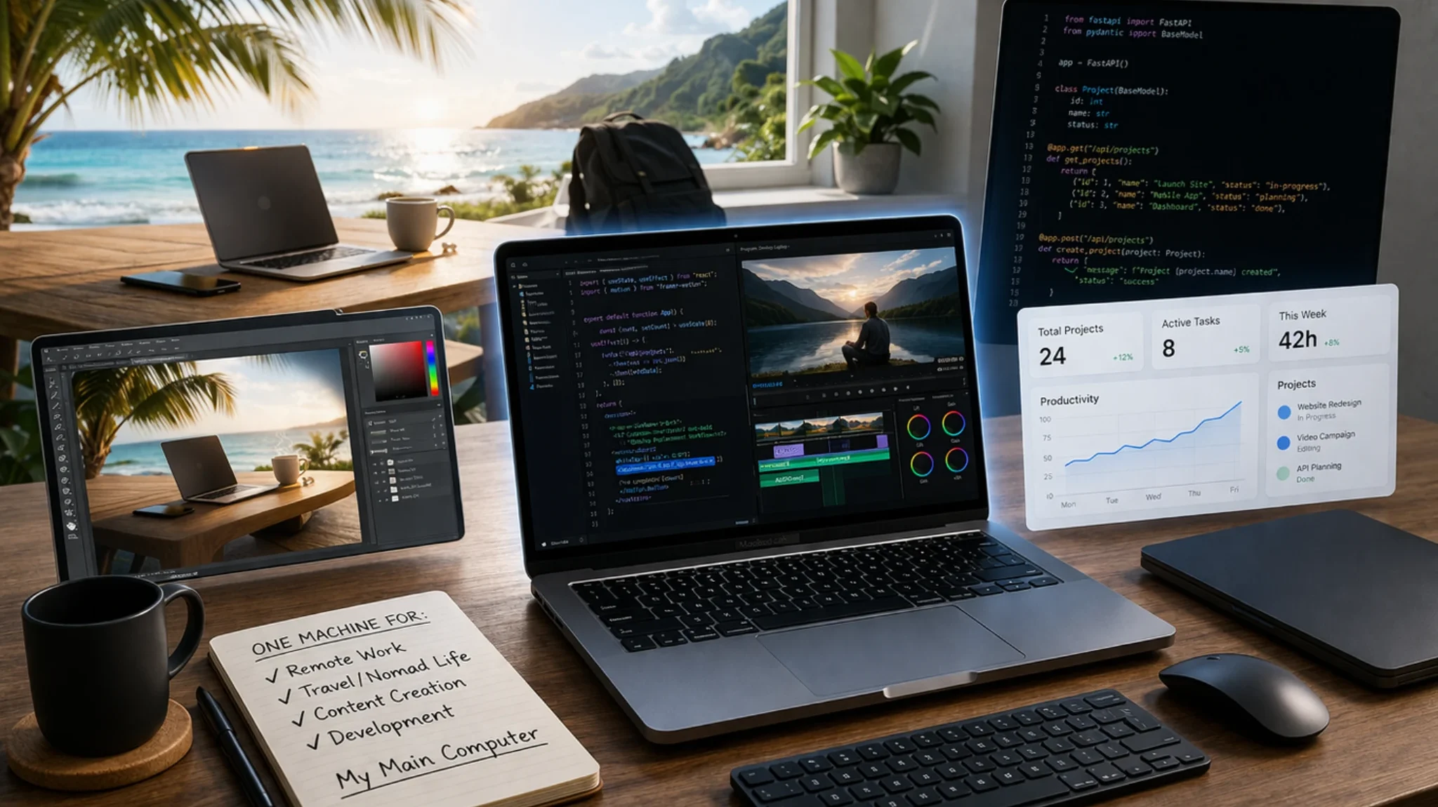 Desktop replacement laptop used by remote workers digital nomads creators and developers as a main computer instead of a desktop