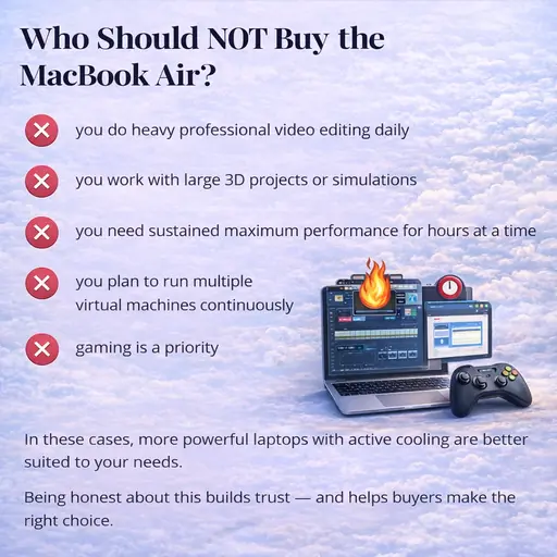 Who should not buy MacBook Air illustration showing heavy video editing, 3D work, virtual machines, and gaming limitations