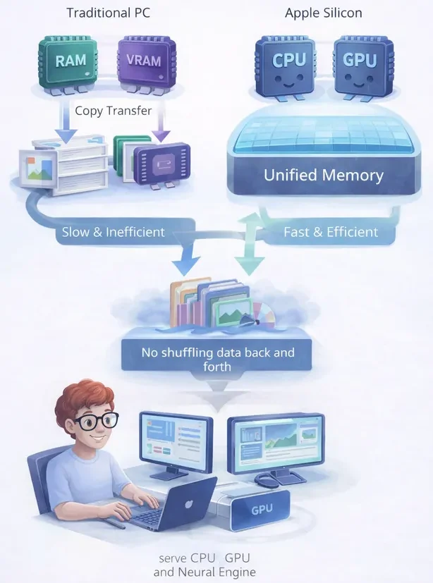 Illustration comparing traditional separate RAM and VRAM with Apple unified memory architecture