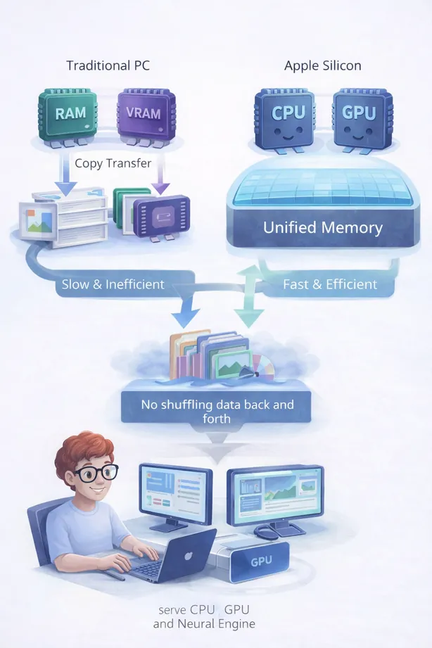 Illustration comparing traditional separate RAM and VRAM with Apple unified memory architecture