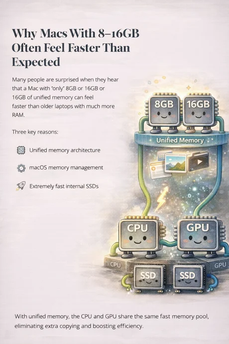 Illustration showing 8GB and 16GB unified memory working with CPU, GPU and fast SSDs to improve performance