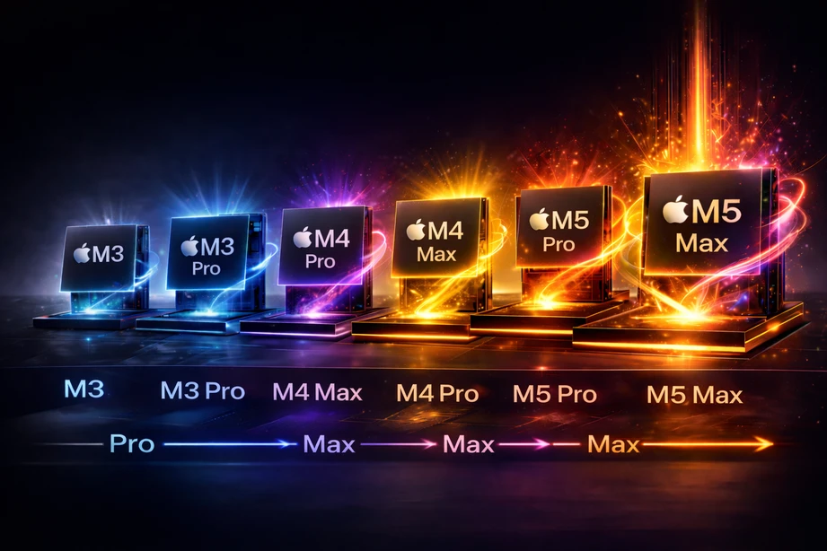 Visual comparison of Apple Silicon chip generations showing M3, M3 Pro, M3 Max, M4, M4 Pro, M4 Max, M5, M5 Pro, and M5 Max performance progression