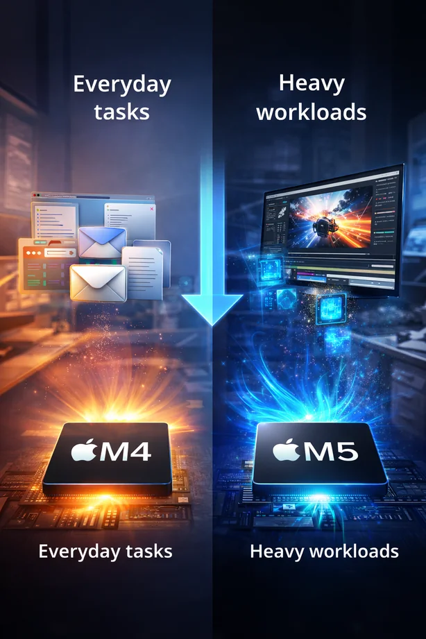 M4 vs M5 real world performance comparison showing everyday tasks versus heavy workloads