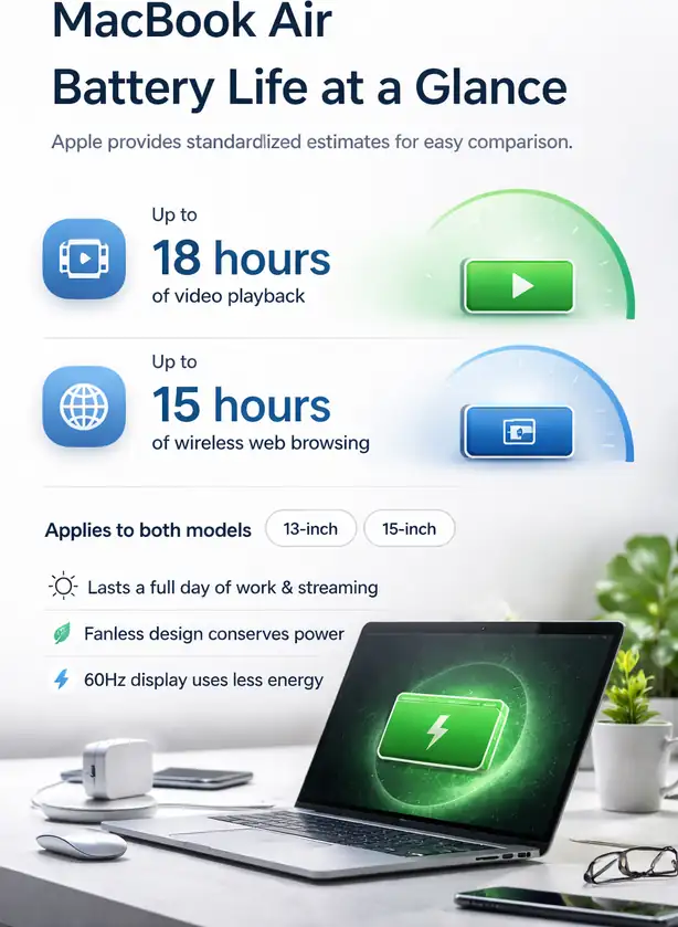 MacBook Air battery life illustration showing up to 18 hours of video playback and 15 hours of wireless web browsing