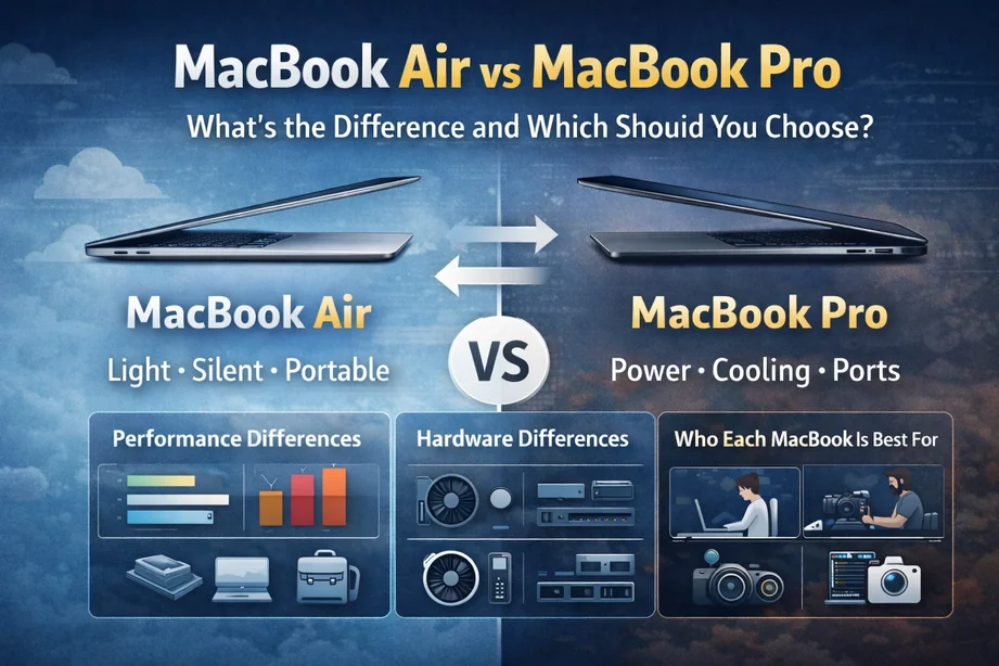 MacBook Air vs MacBook Pro comparison showing performance, hardware differences, and which users each laptop is best for