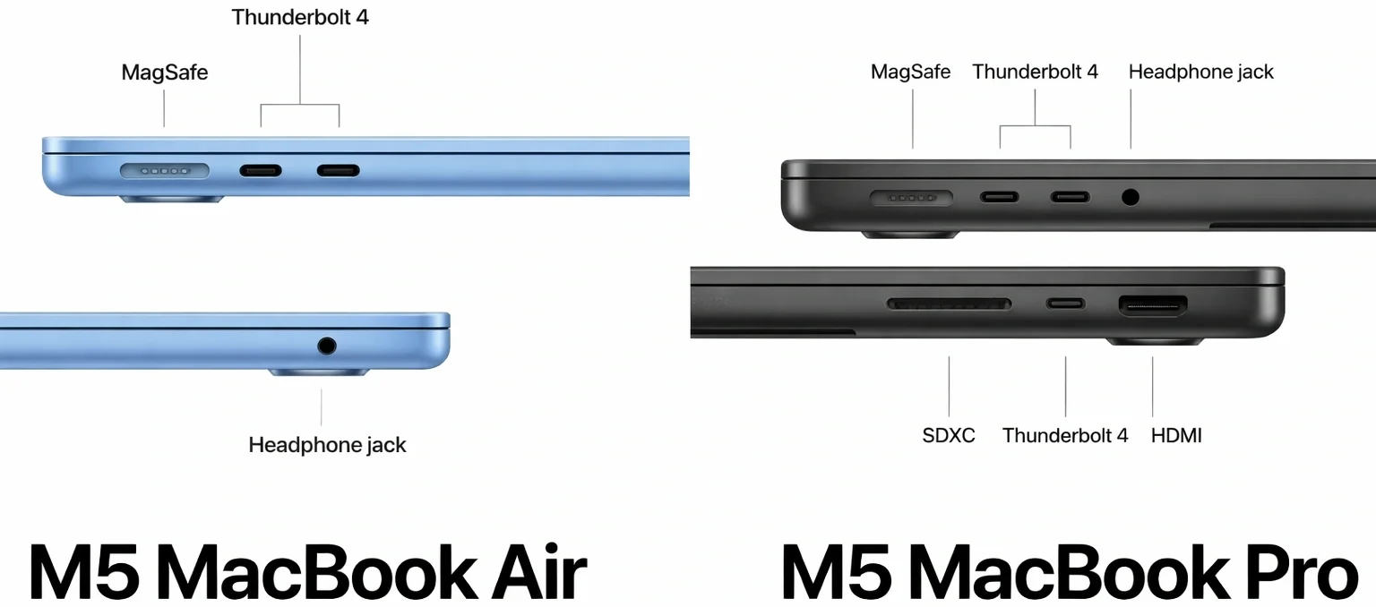 MacBook Air vs MacBook Pro ports comparison showing Thunderbolt HDMI SD card and MagSafe differences