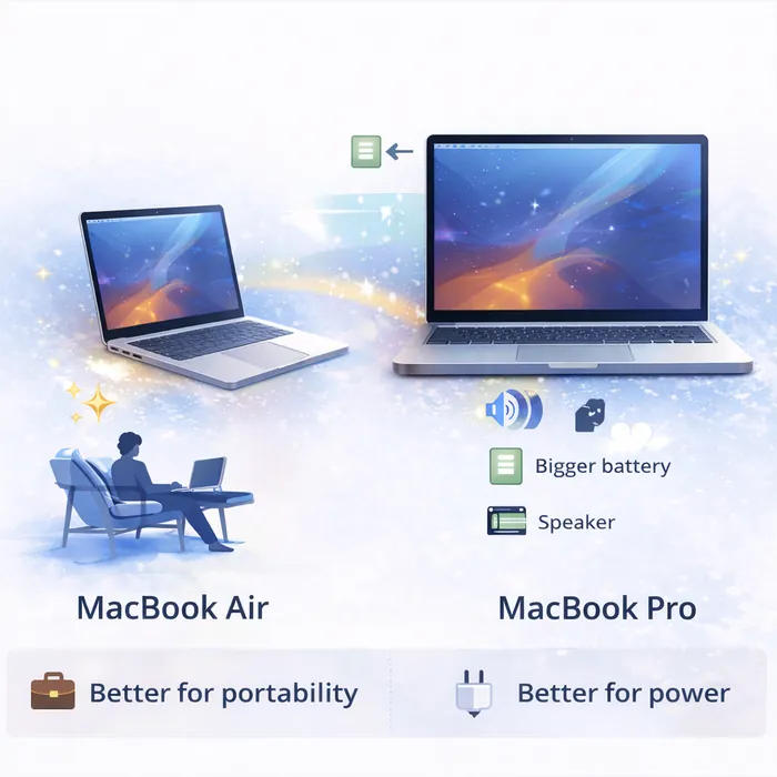 Illustration comparing MacBook Air and MacBook Pro highlighting portability versus power and larger hardware benefits
