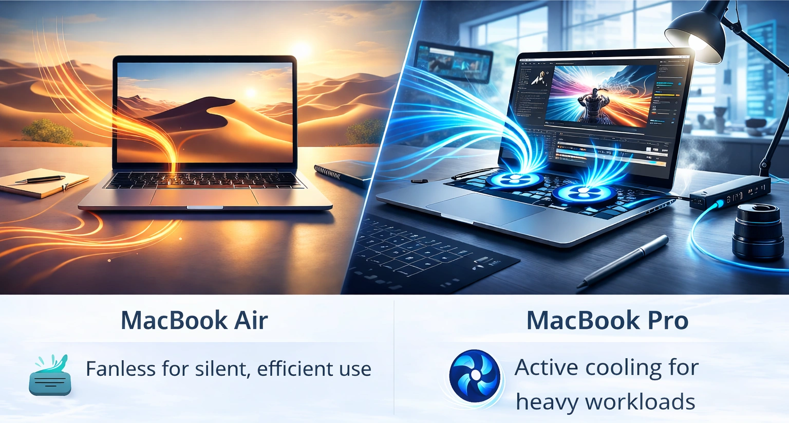 MacBook Air fanless cooling compared with MacBook Pro active fan cooling cinematic visual