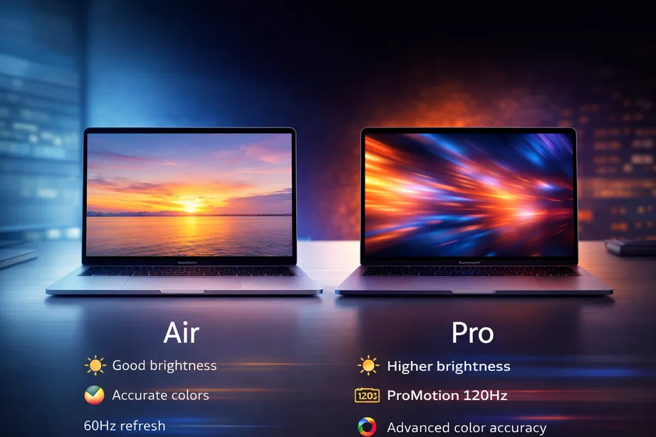 Side-by-side comparison of MacBook Air and MacBook Pro displays showing brightness and refresh rate differences