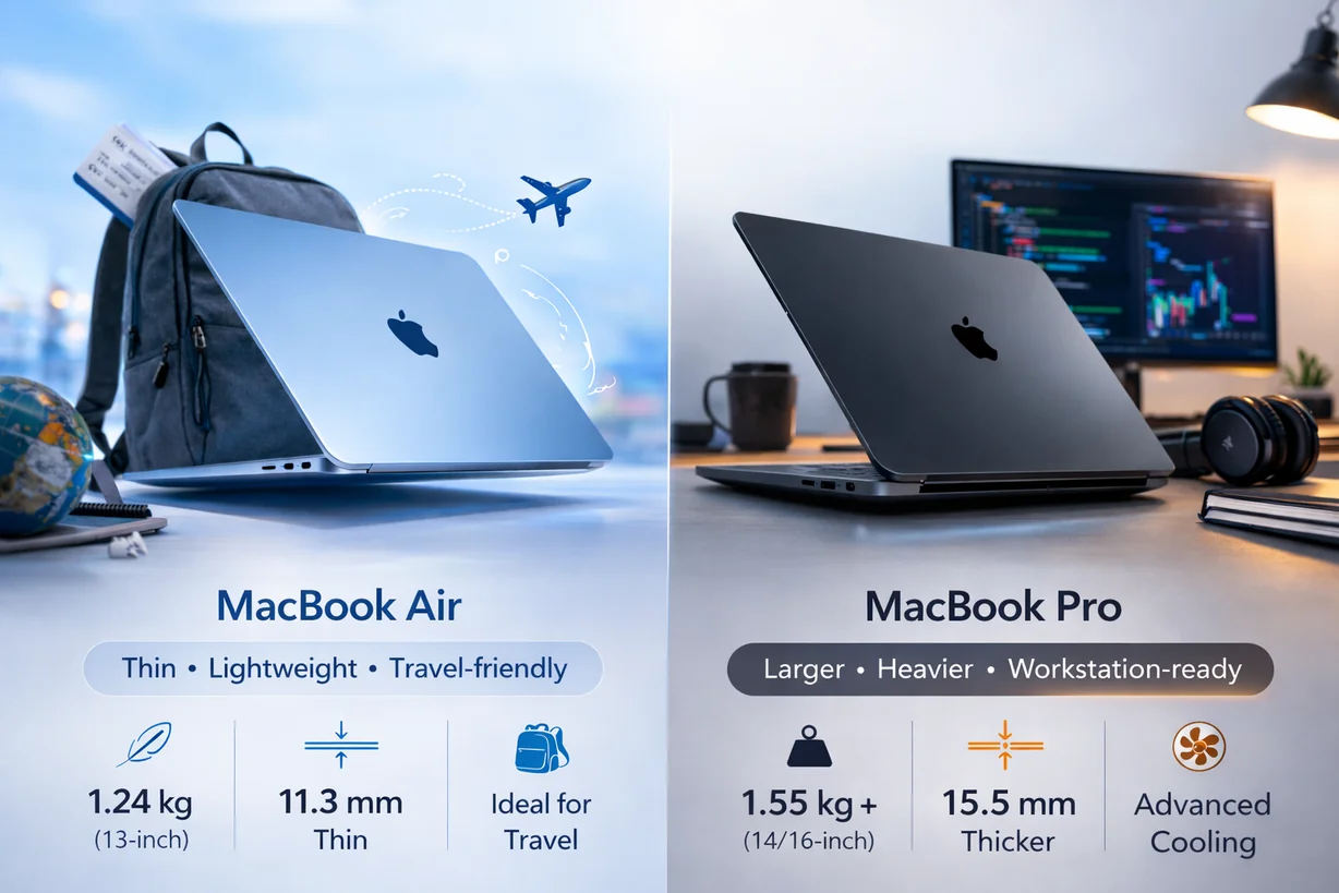 MacBook Air vs MacBook Pro portability comparison showing lightweight travel-friendly Air and larger workstation-style Pro