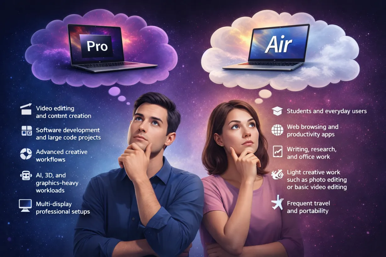 Man and woman comparing MacBook Air vs MacBook Pro with thought bubbles showing different workloads and user types