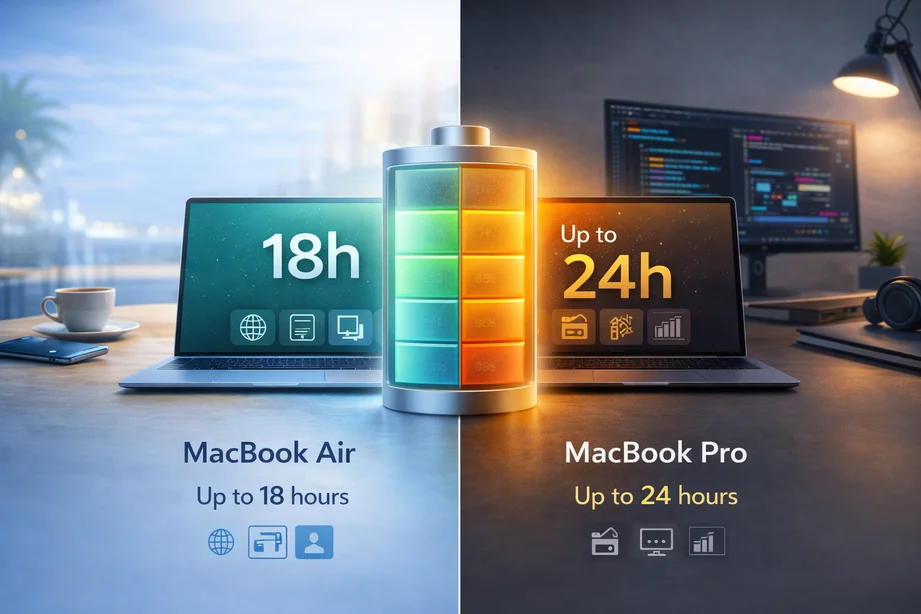 MacBook Air vs MacBook Pro battery life comparison infographic showing 18 hours vs up to 24 hours battery endurance
