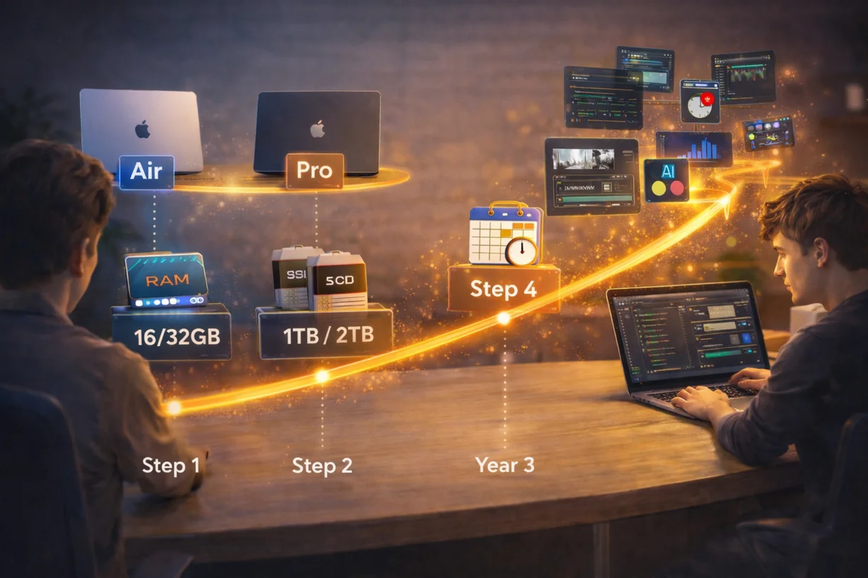 MacBook buying guide illustration showing steps to choose between MacBook Air or Pro, RAM options, storage choices, and long-term workflow needs