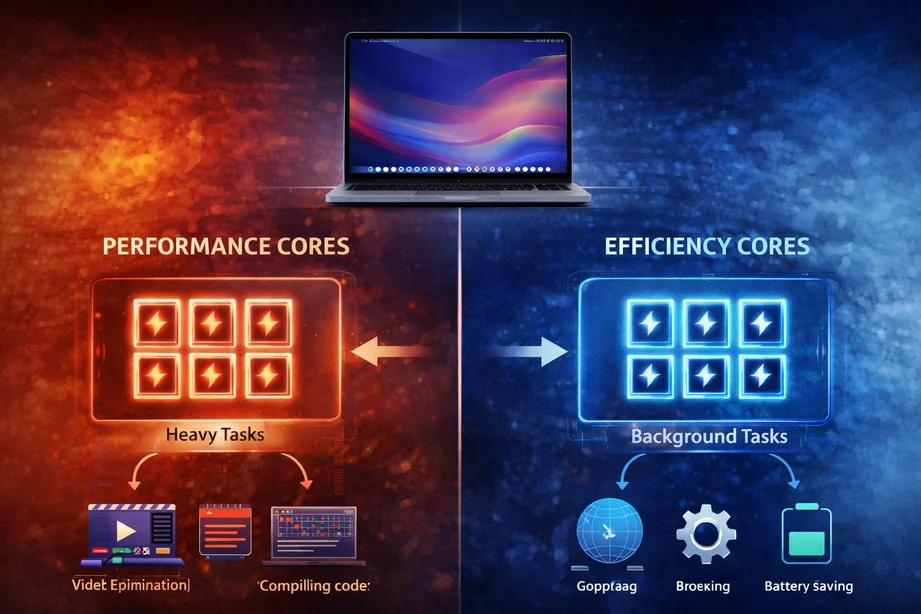 Diagram showing performance cores vs efficiency cores in a MacBook CPU and how different tasks are handled