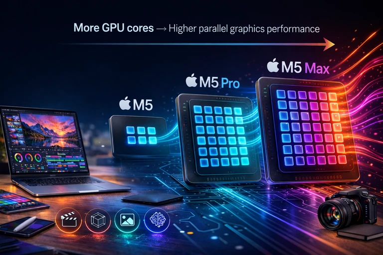 Apple M5 vs M5 Pro vs M5 Max GPU cores comparison showing increasing GPU core blocks and graphics performance