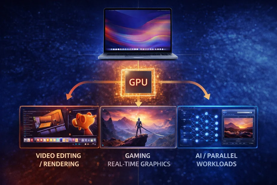 Diagram showing what the MacBook GPU does including video editing, gaming graphics, and AI workloads