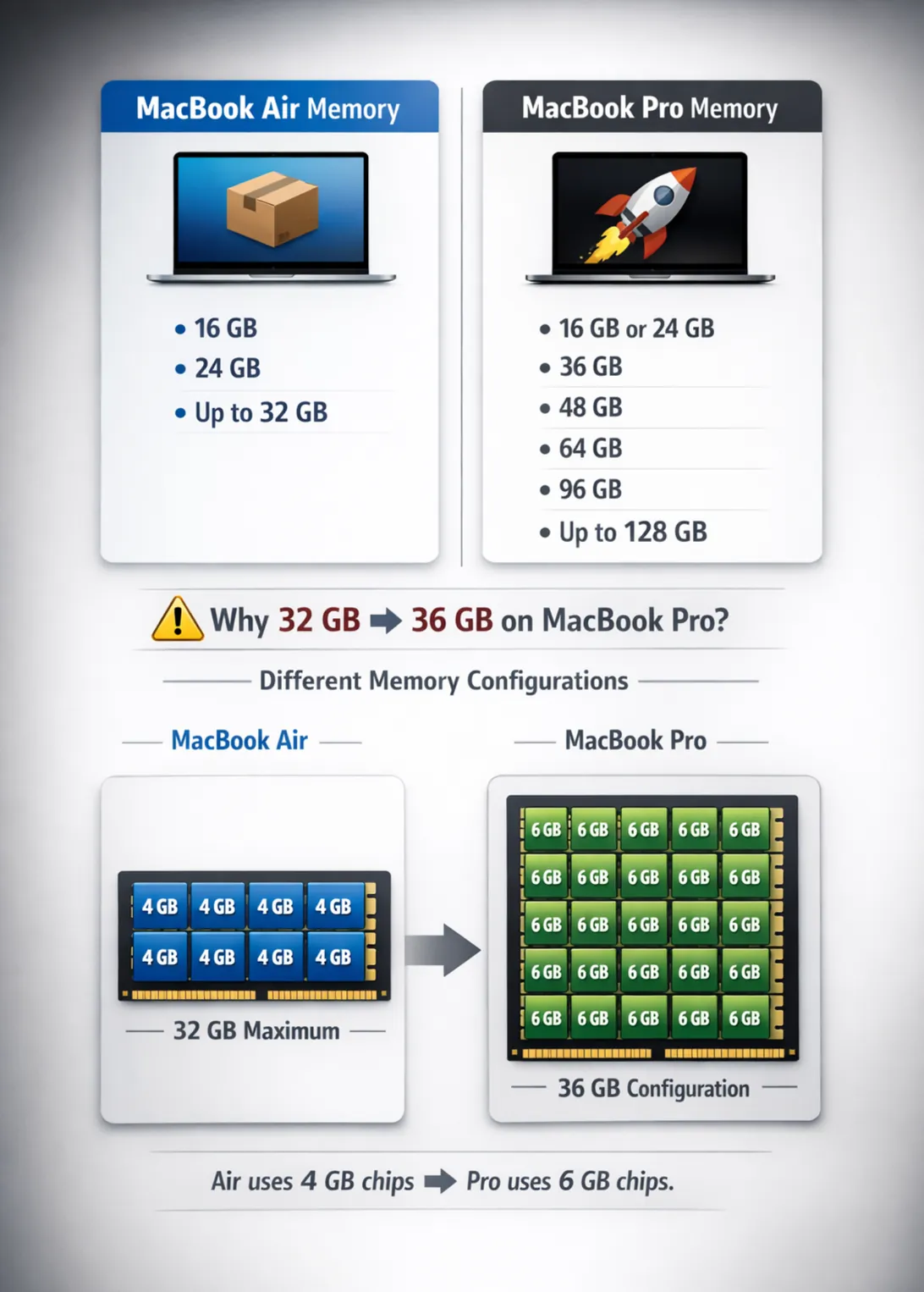 MacBook Air vs MacBook Pro unified memory configurations comparison showing 32GB limit on Air and up to 128GB on Pro