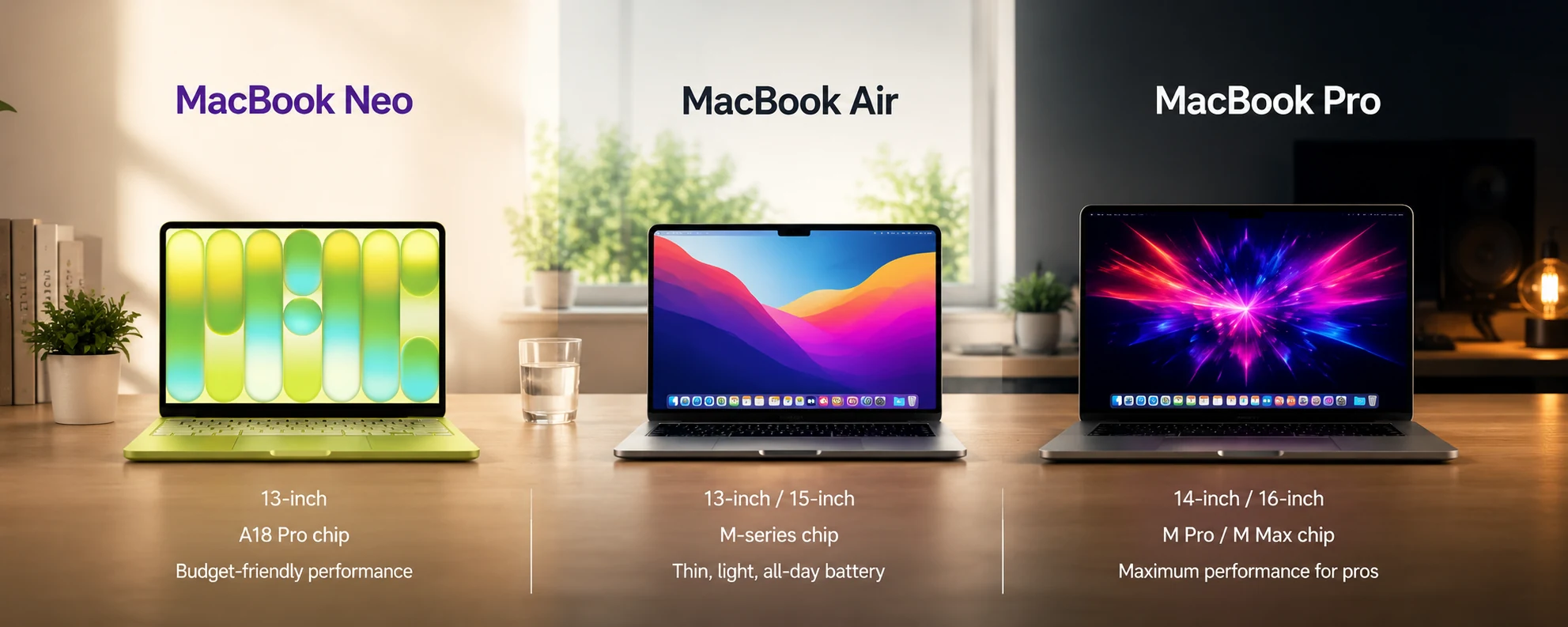 MacBook Neo vs MacBook Air vs MacBook Pro comparison showing Apple's current laptop lineup