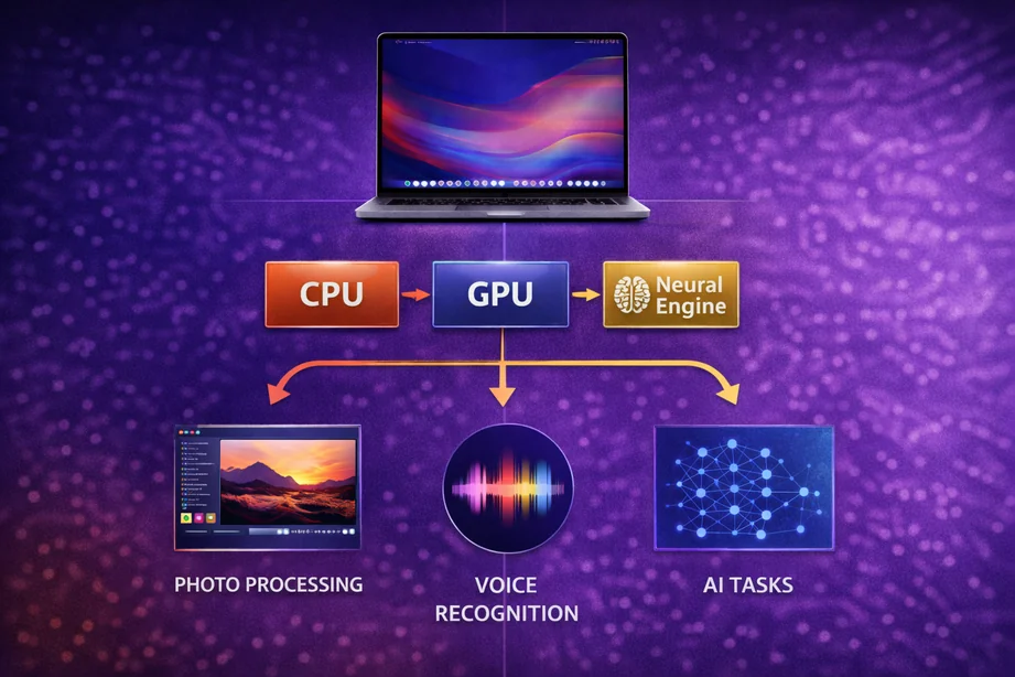 Diagram showing the Apple Silicon Neural Engine in a MacBook handling AI tasks like photo processing and voice recognition