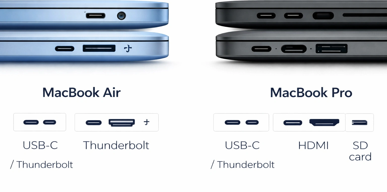 MacBook Air and MacBook Pro side-by-side port comparison showing USB-C, Thunderbolt, HDMI and SD card connectivity differences.