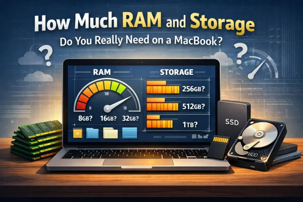 MacBook RAM and storage comparison showing 8GB, 16GB and 32GB memory with 256GB, 512GB and 1TB storage options