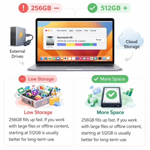 MacBook storage comparison showing 256GB nearly full versus 512GB with more available space plus cloud storage options