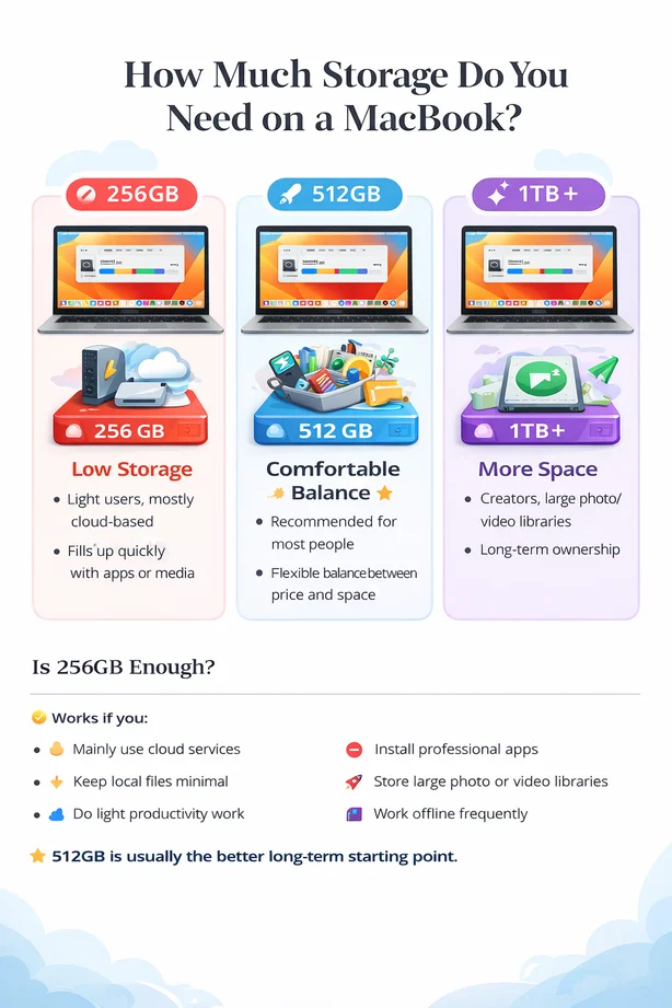 MacBook storage comparison 256GB vs 512GB vs 1TB showing who each option is best for