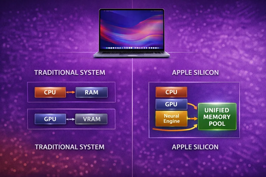 Diagram comparing traditional RAM and VRAM architecture with Apple Silicon unified memory in a MacBook