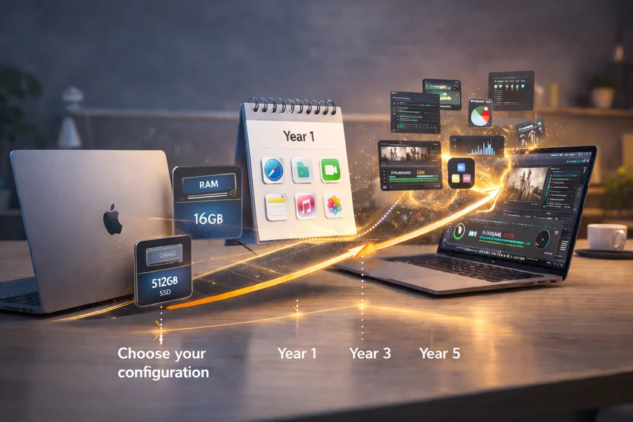 Illustration showing MacBook configuration choices like RAM and storage affecting long-term performance over a five-year ownership timeline