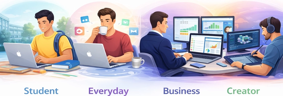 MacBook users illustration showing student, everyday user, business professional, and creator using MacBooks for different workflows