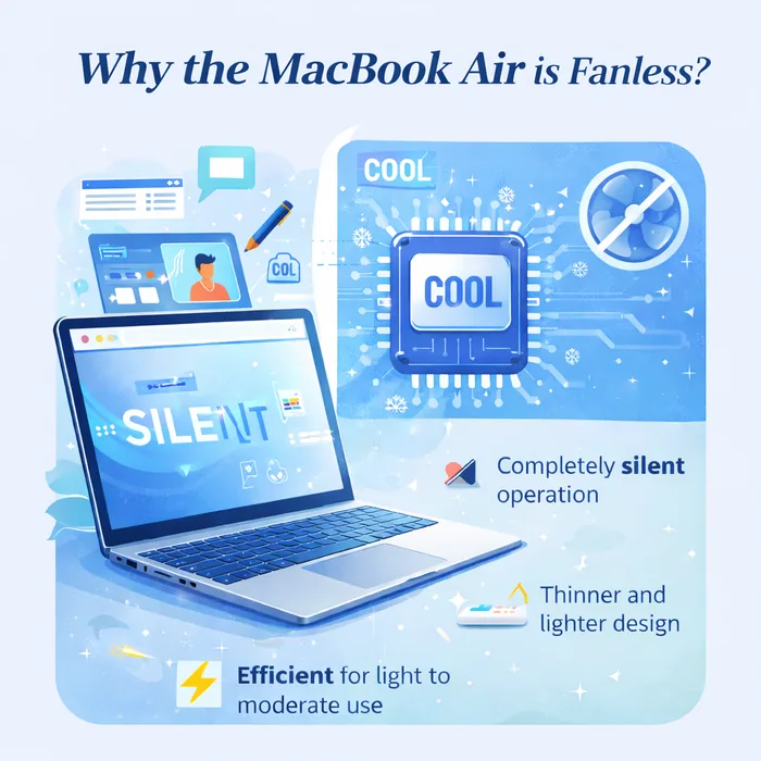 Illustration explaining why the MacBook Air is fanless and operates silently using efficient Apple Silicon cooling