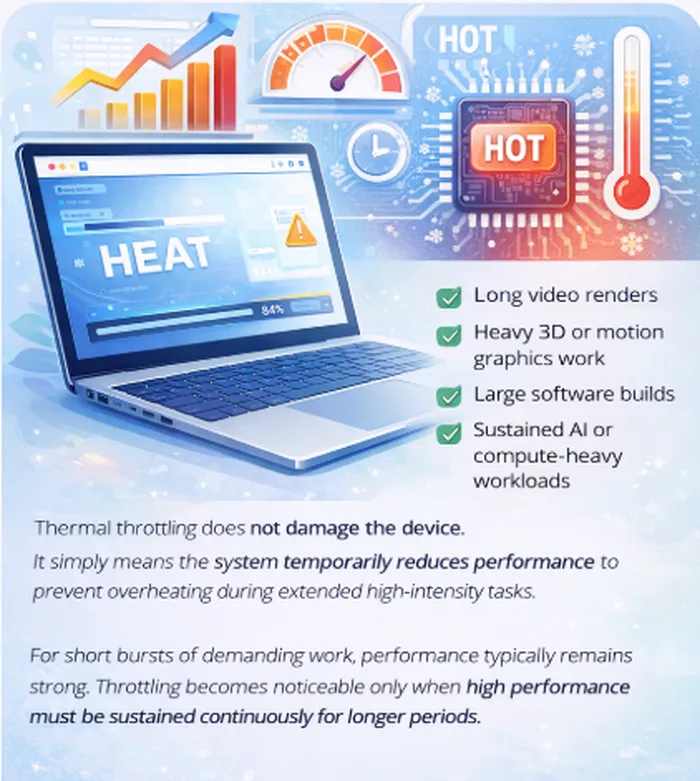 Illustration showing MacBook Air thermal throttling during heavy workloads such as video rendering, 3D graphics, and large software builds