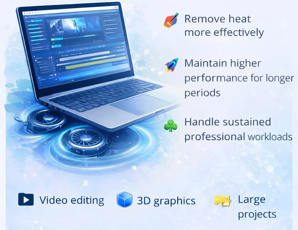 Illustration showing MacBook Pro active cooling system with fans allowing higher sustained performance for professional workloads