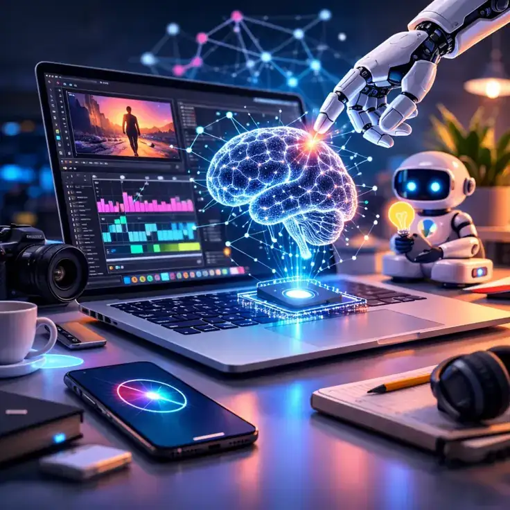 Illustration showing MacBook Neural Engine enabling AI creative tools, automated video editing, machine learning workflows, and on-device AI