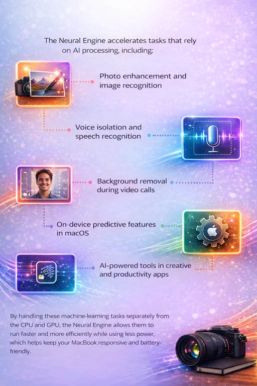 Infographic showing Apple Neural Engine tasks including photo enhancement, speech recognition, background removal, predictive macOS features, and AI-powered creative tools