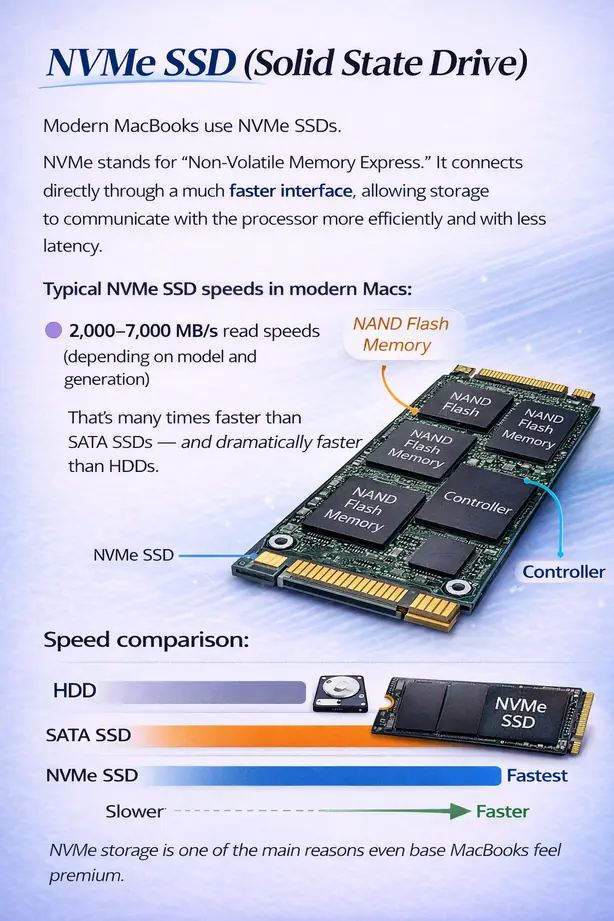 NVMe SSD infographic showing flash memory components and high speed performance comparison