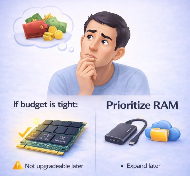 If budget is tight prioritize RAM illustration showing budget decision between memory and storage