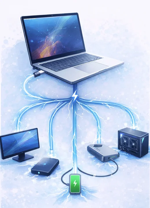 Illustration showing a MacBook connected with a single Thunderbolt cable powering multiple devices including monitor, storage, charging, dock, and eGPU