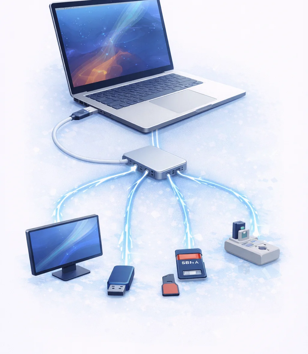 Illustration showing a MacBook connected to a USB-C hub linking HDMI monitor, USB-A flash drive, SD card, and legacy device