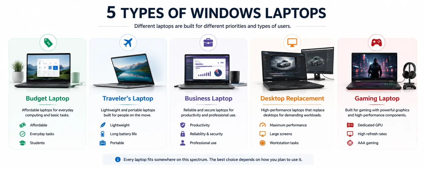 Five types of Windows laptops including Budget, Traveler's, Business, Desktop Replacement, and Gaming laptops.