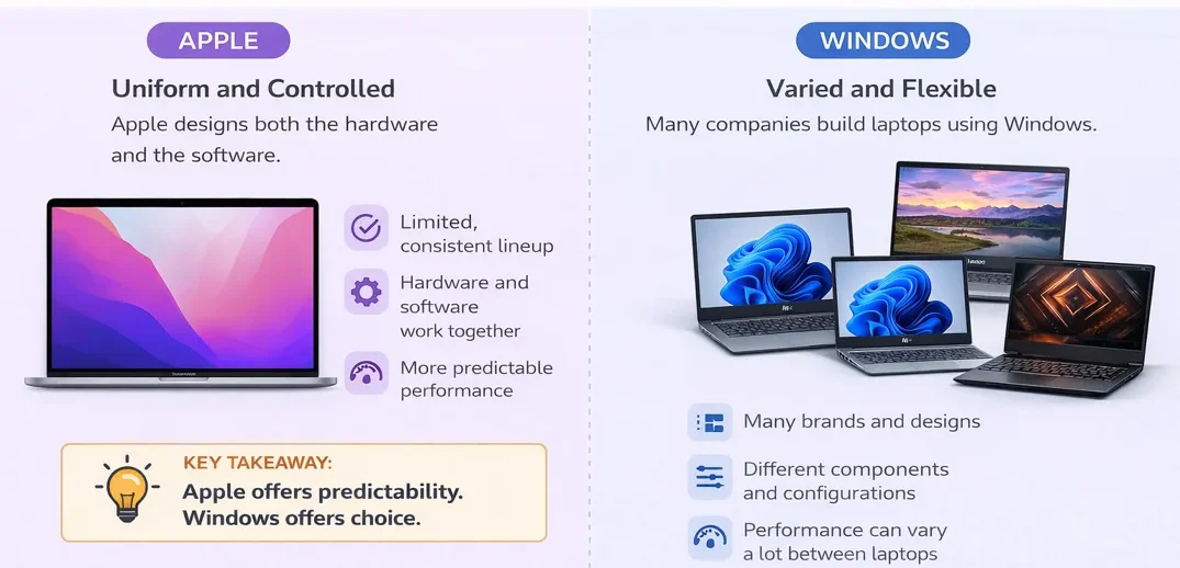 Ultrawide comparison of Apple and Windows laptops showing controlled Apple ecosystem versus flexible Windows laptop options from brands like HP and Lenovo