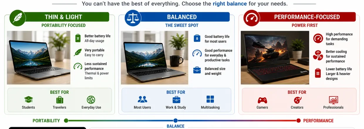 Laptop performance battery and portability trade off comparison showing thin light balanced and performance focused options