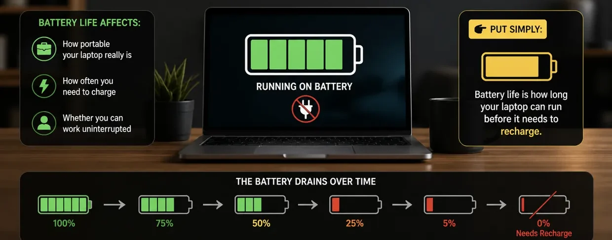 Laptop running on battery showing charge draining over time without being plugged in