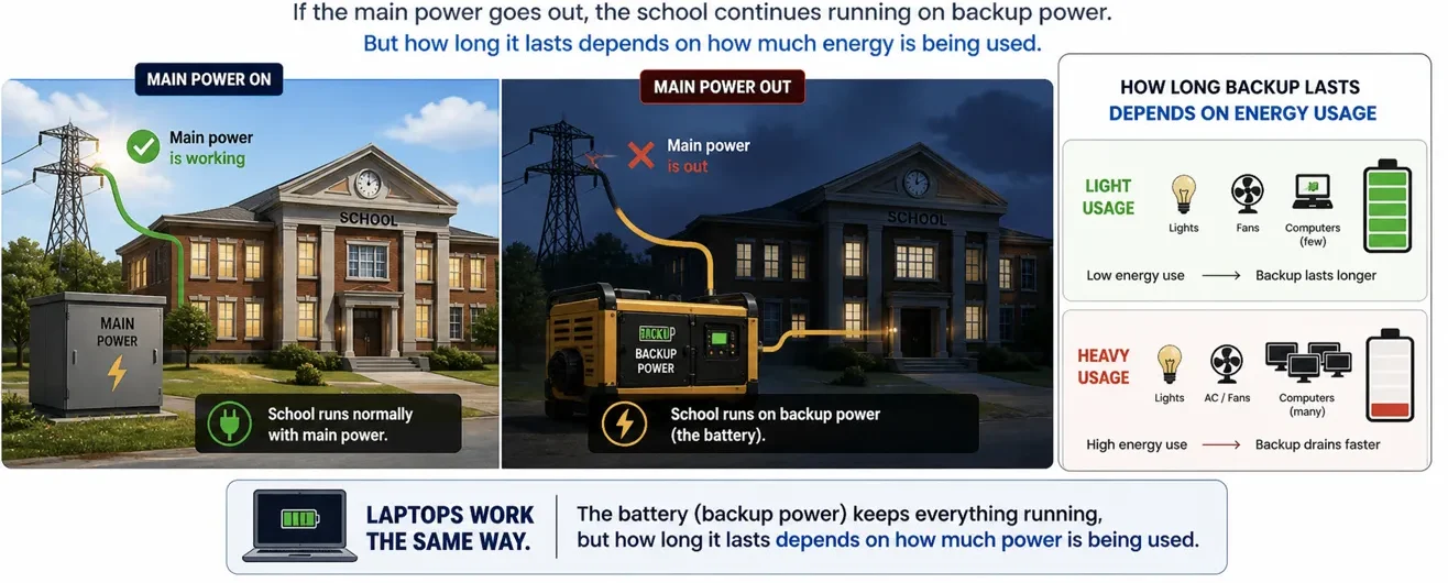 School using backup power system to explain how laptop battery life depends on energy usage