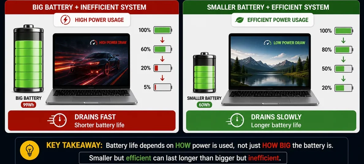 Comparison showing large battery draining quickly versus smaller efficient battery lasting longer